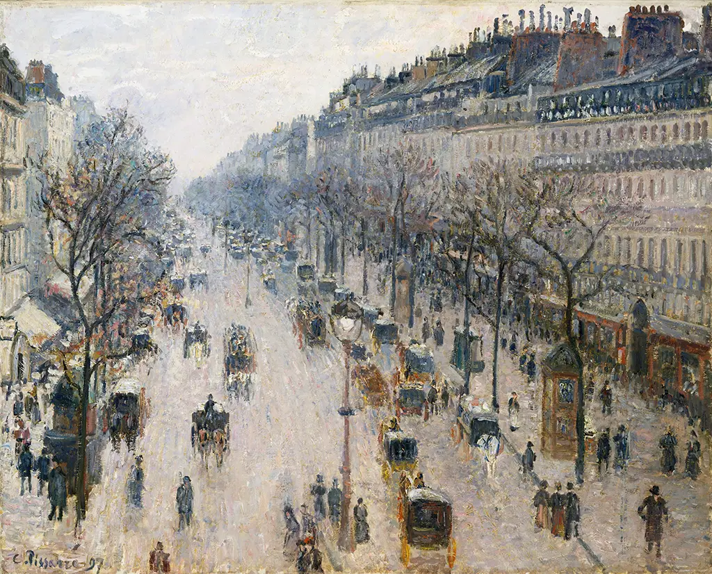The Boulevard Montmartre on a Winter Morning in Detail Camille Pissarro